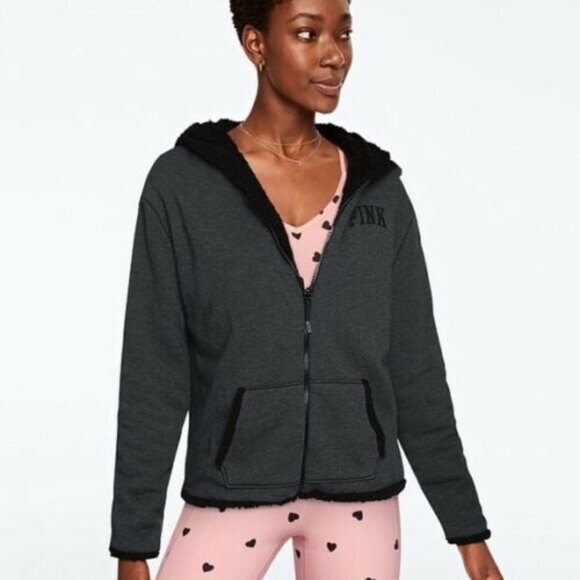 ✨2/$20 PINK Victoria's Secret 2in1 Reversible Sherpa Zip Jacket Small H12156 - Picture 1 of 11